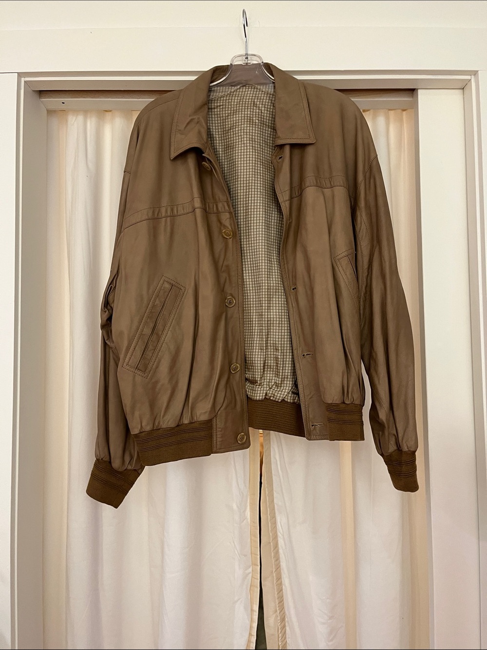Men's Taupe Leather Bomber Jacket - Classic Casual Layer